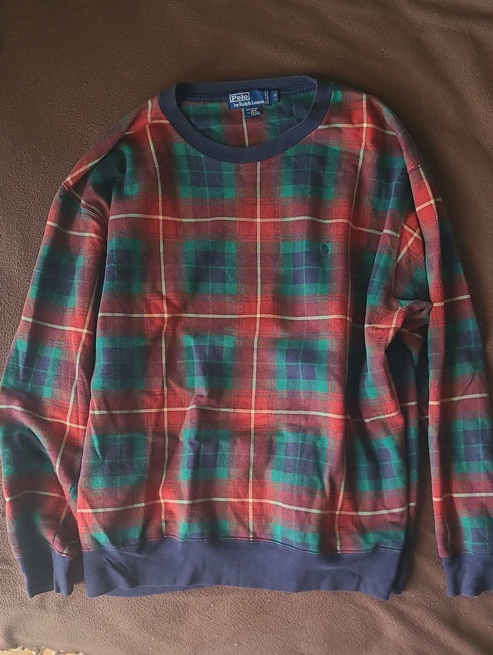 Polo by Ralph Lauren Red and Green Plaid Crewneck with Navy Trim